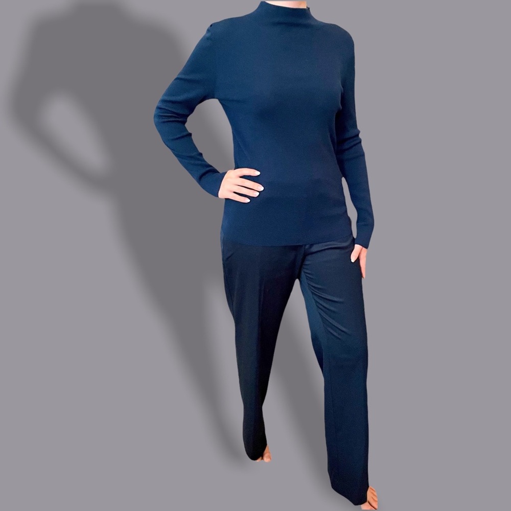 Teal pant and sweater set.